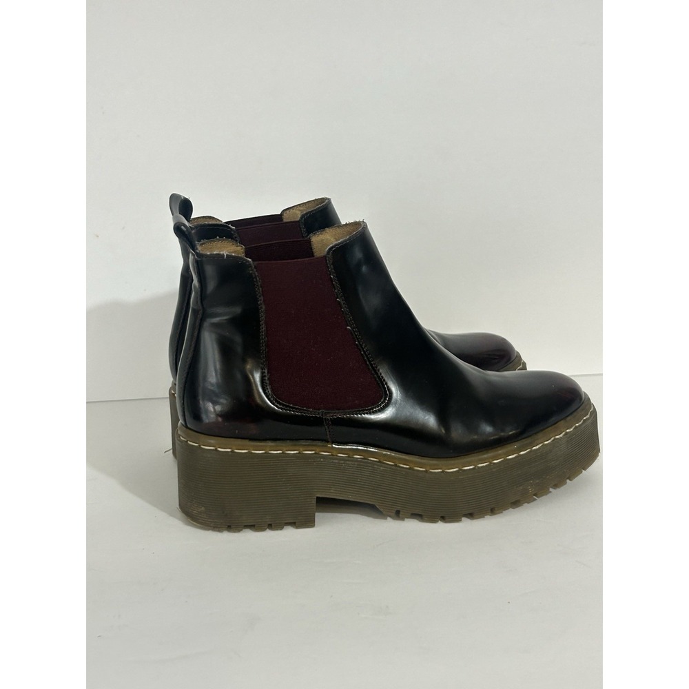 Topshop Burgundy Patent Chelsea  Boots Size 36  Lug Sole Chunky Pull-On Bohiman